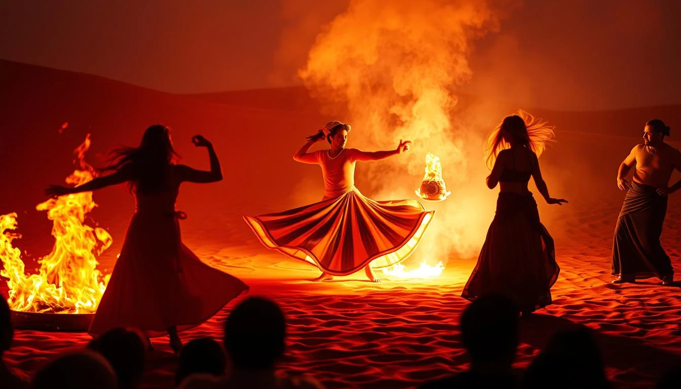 Live entertainment at a desert safari, with a fire performer, a Tanoura dancer spinning, and a belly dancer performing under the night sky in Dubai.