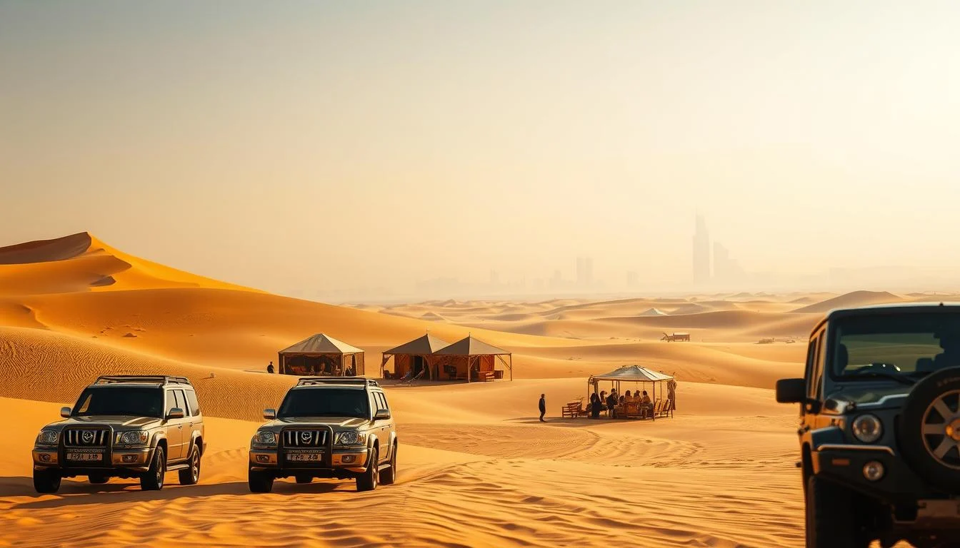 Tourists enjoying a luxury desert safari in Dubai, with professional-grade 4x4 vehicles traversing golden dunes at sunset