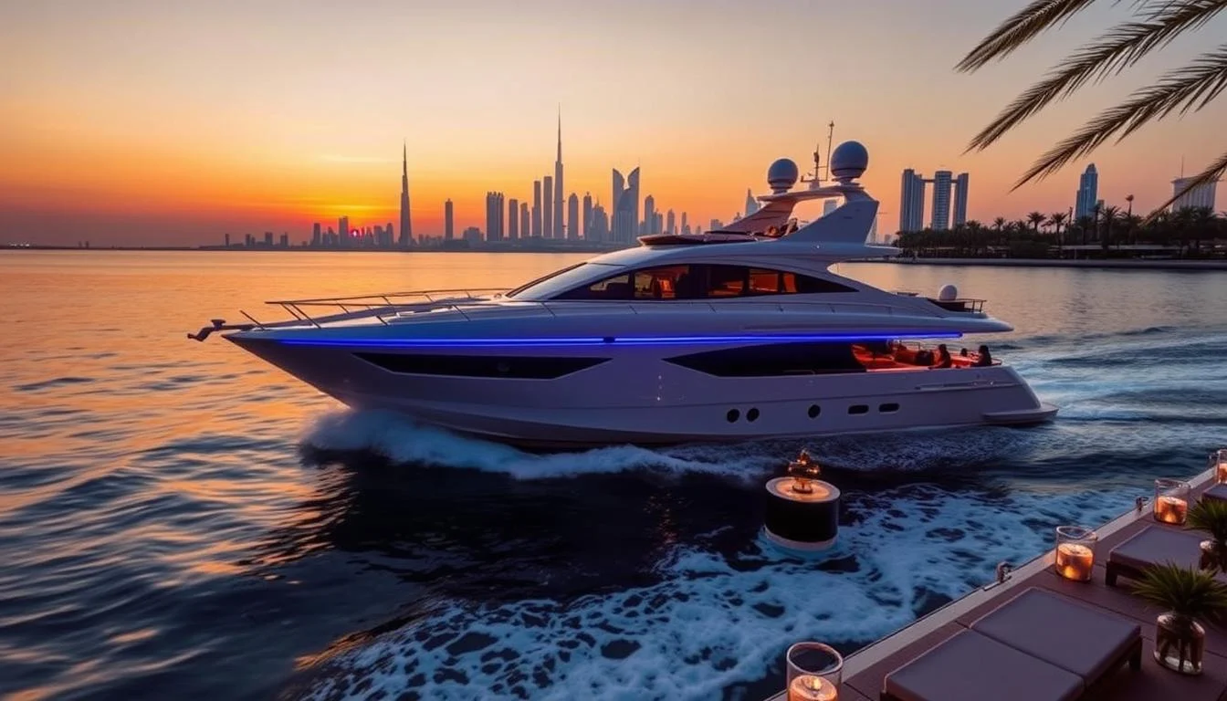 Sunset yacht Dubai, luxury yacht charter Dubai, Dubai boat tours