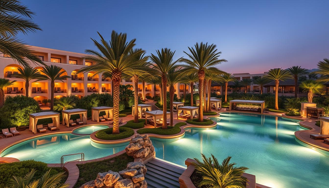 Luxurious spa resort in Dubai with a serene pool and palm trees, offering a peaceful haven for relaxation and wellness