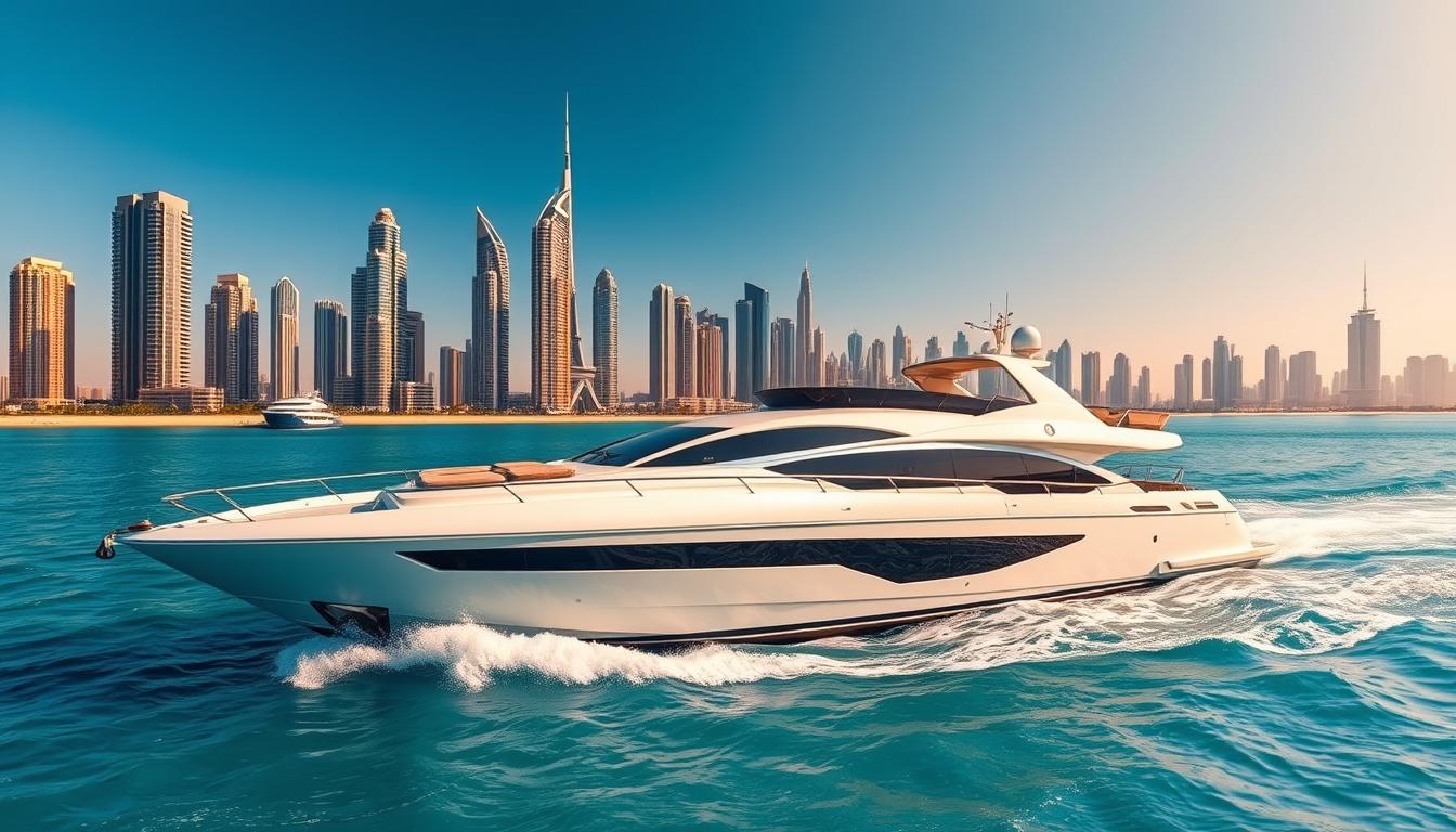 Luxury yacht cruising past the Dubai skyline at sunset, with the Burj Khalifa and other iconic landmarks visible in the background