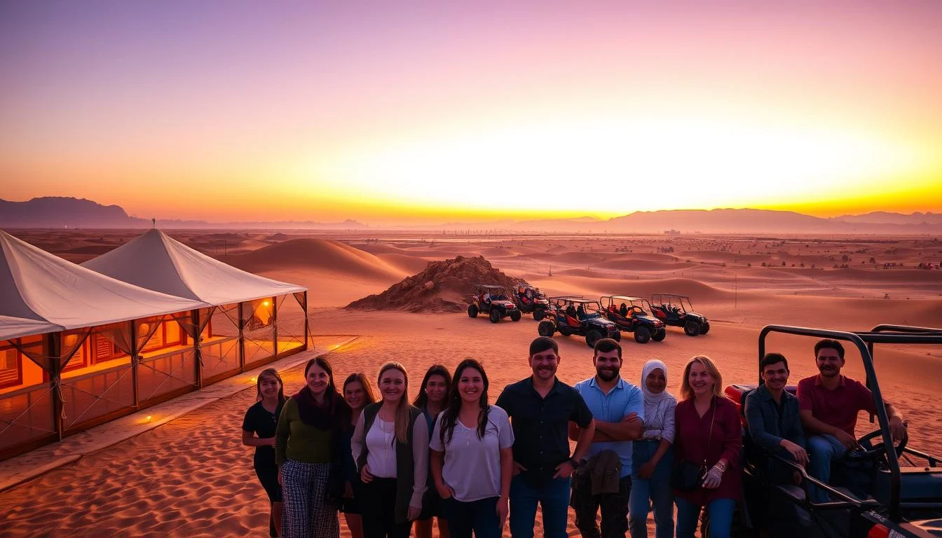Tourists enjoying a thrilling dune buggy ride across the red sands of Mleiha Desert at sunset, with a desert camp visible in the distance
