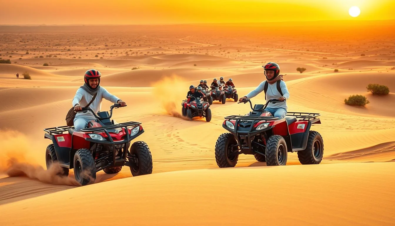 Tourists riding quad bikes across the red dunes of Sharjah desert during a beautiful sunrise, with warm light and long shadows