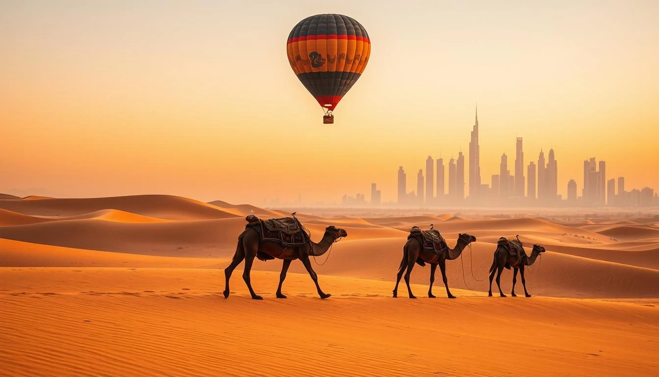 Tourists on a morning desert safari in Dubai, watching the sunrise over golden sand dunes from a dune buggy