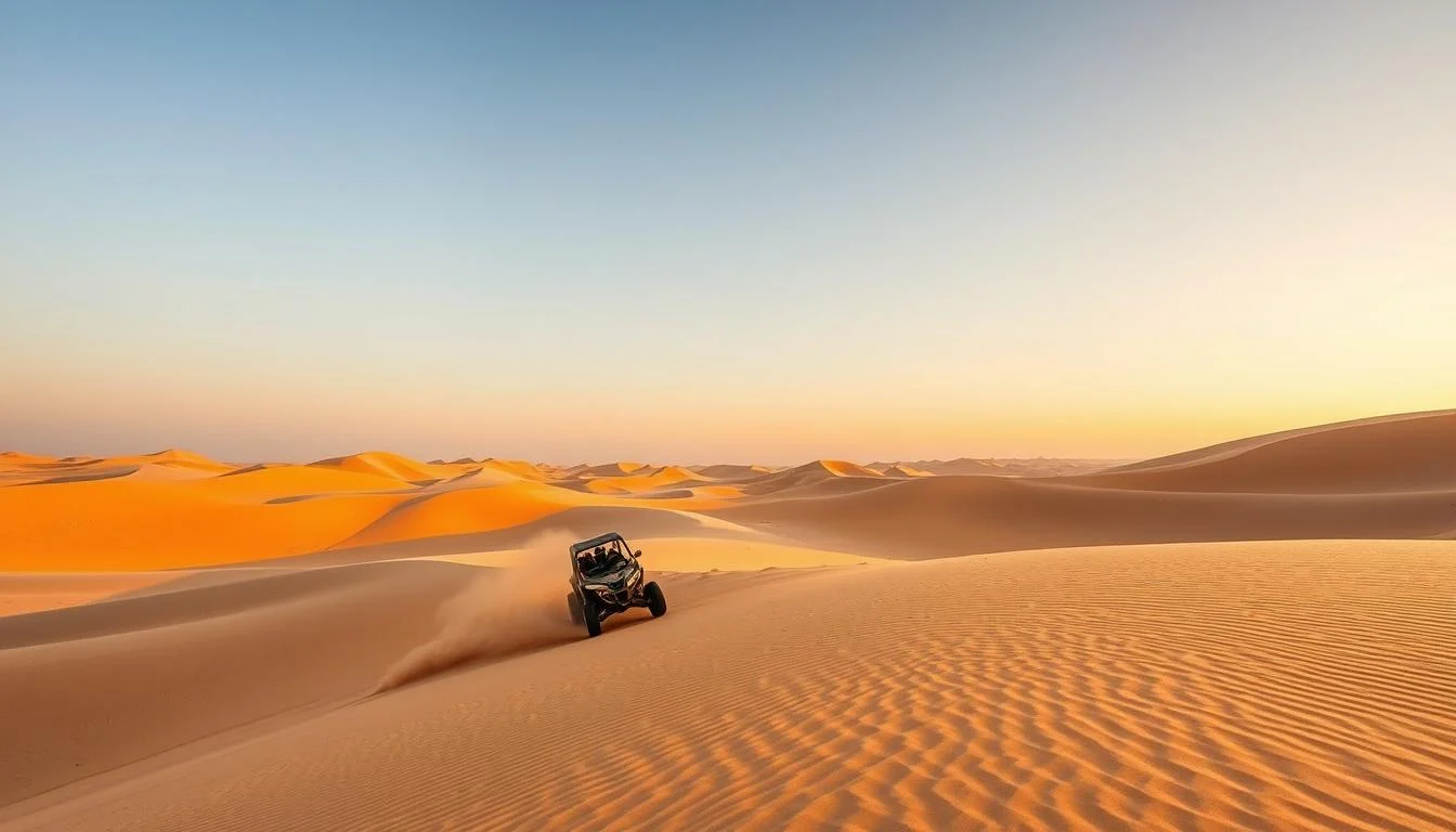 Dune buggy riders on red sand dunes at sunrise in Abu Dhabi, with a clear sky and long shadows