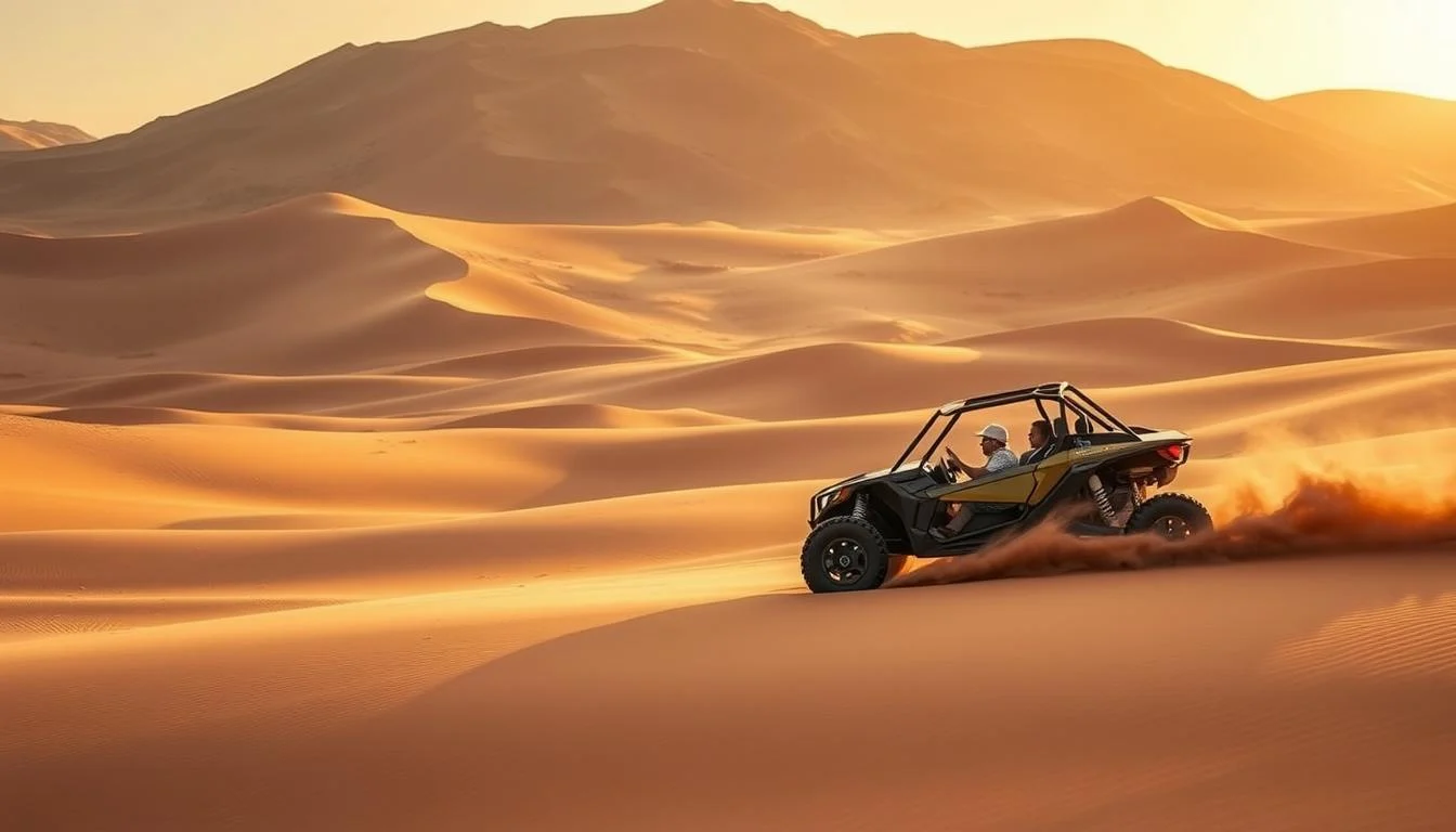 Tourists driving dune buggies across golden desert dunes in Dubai, UAE, under both morning and evening skies