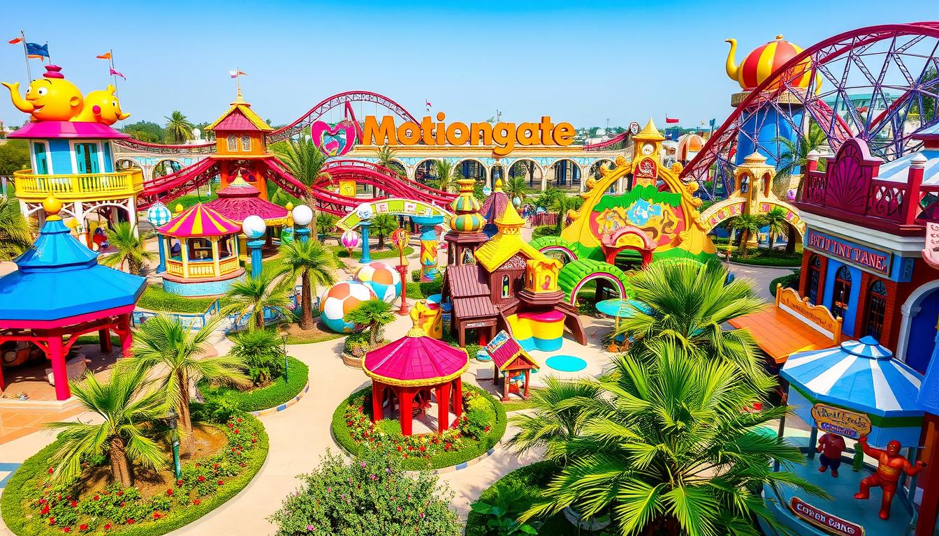 Families with children enjoying various rides and attractions at Motiongate Dubai theme park, surrounded by movie-themed scenery