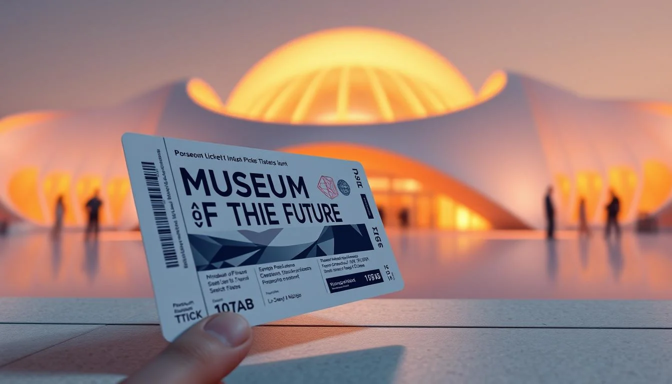 Museum of The Future Dubai's unique torus-shaped building with intricate Arabic calligraphy at sunset, reflecting the city's futuristic vision