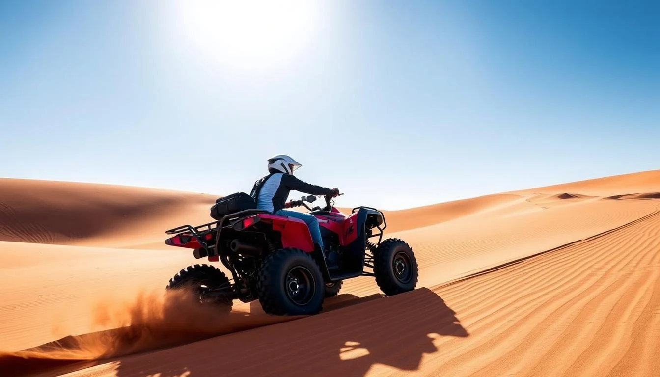 Tourists riding quad bikes across the vast, red dunes of Namibia's Namib Desert under a clear sky, with the sun rising in the background