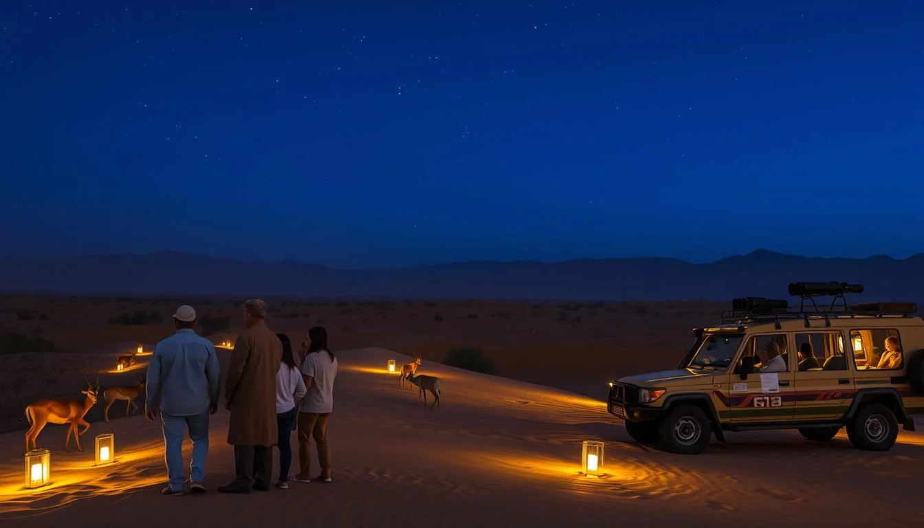 Desert landscape in Ras Al Khaimah at night with subtle moonlight casting a glow over dunes and Hajar Mountains
