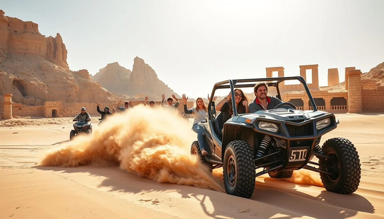 Tourists riding dune buggies across the red dunes of Mleiha Archaeological Site at sunset, with ancient ruins visible in the distance