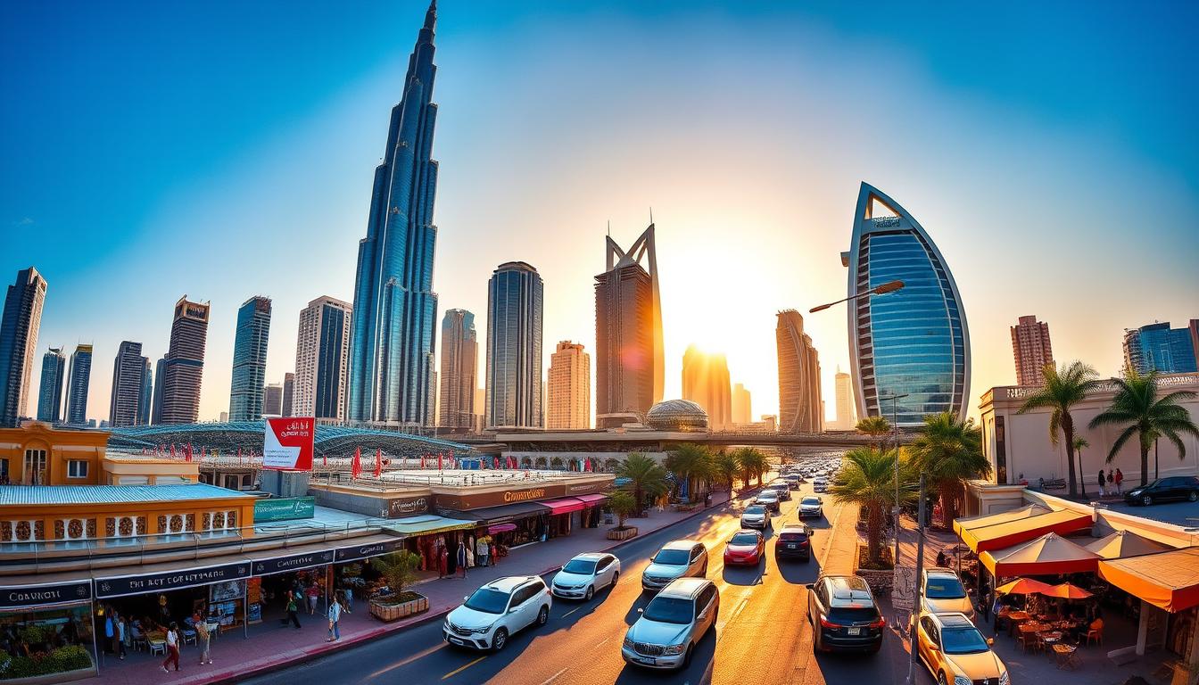 Tourists enjoying a vibrant sunrise over the Dubai Marina skyline with luxury yachts and towering skyscrapers in the background