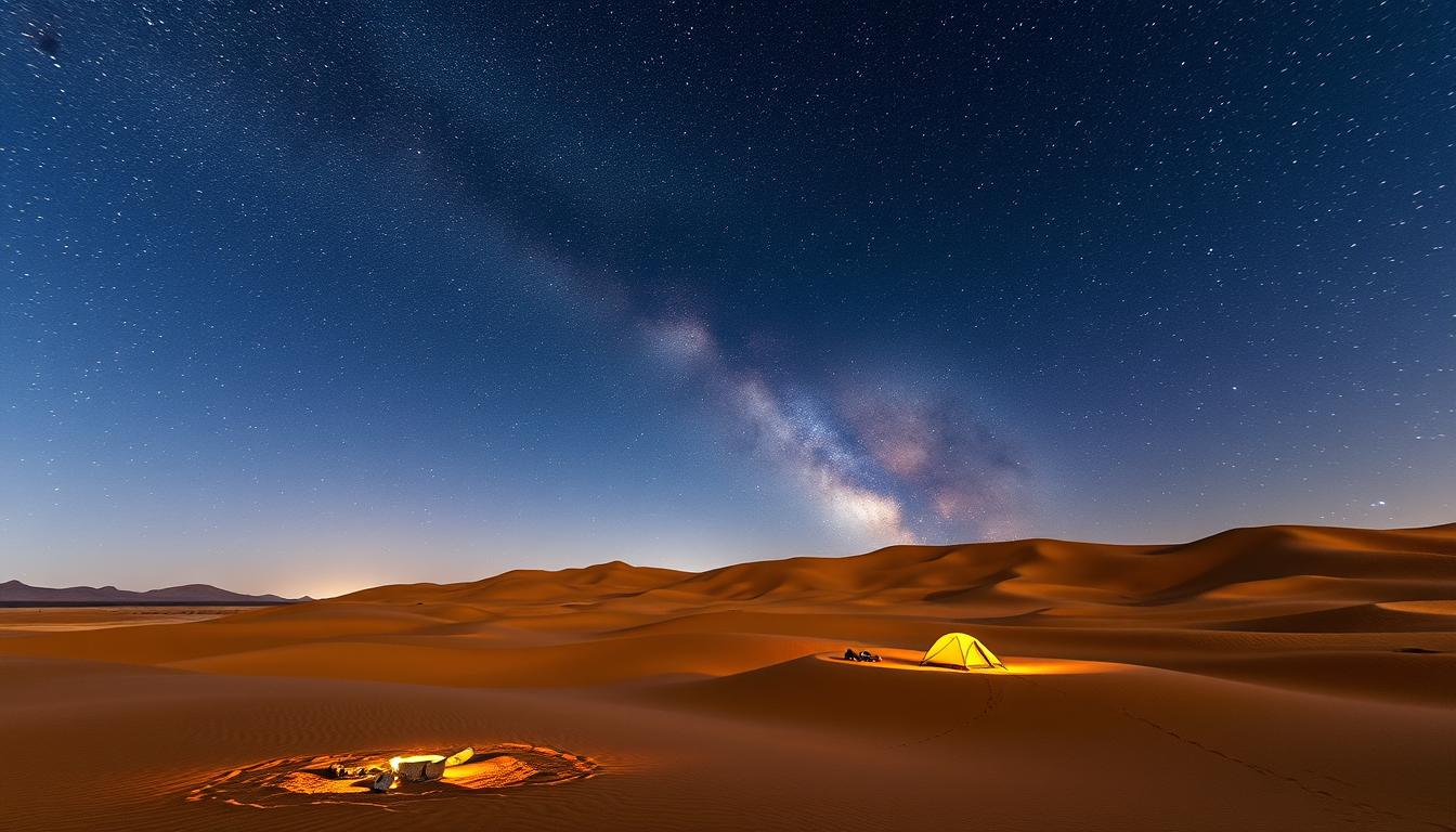 Tourists relaxing in a traditional Bedouin camp under a starry night sky during an overnight desert safari in Dubai