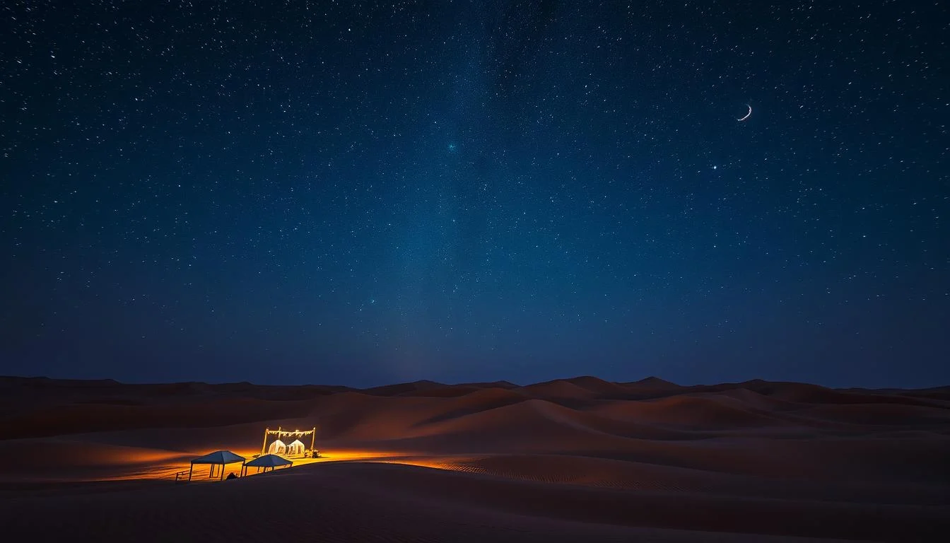Tourists enjoying a serene desert camp under a clear, starlit Abu Dhabi sky during an overnight safari experience