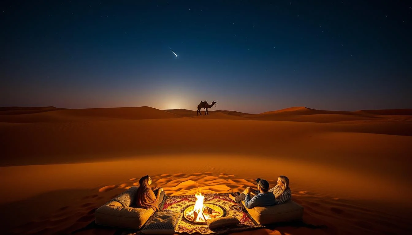 Tourists enjoying an overnight desert safari in Abu Dhabi, with tents and luxury glamps under a starry Arabian sky
