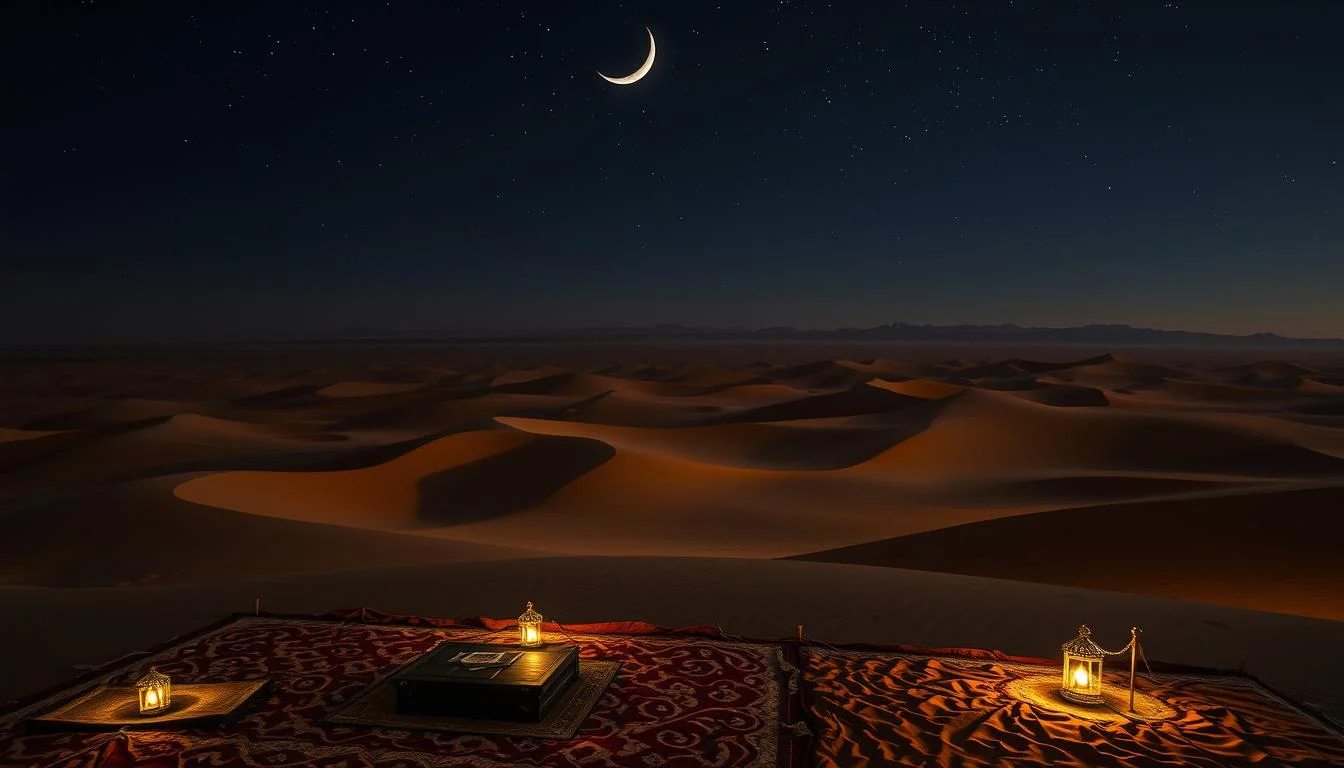 Tourists enjoying a luxurious overnight desert safari in Dubai, with Bedouin tents and a starry night sky