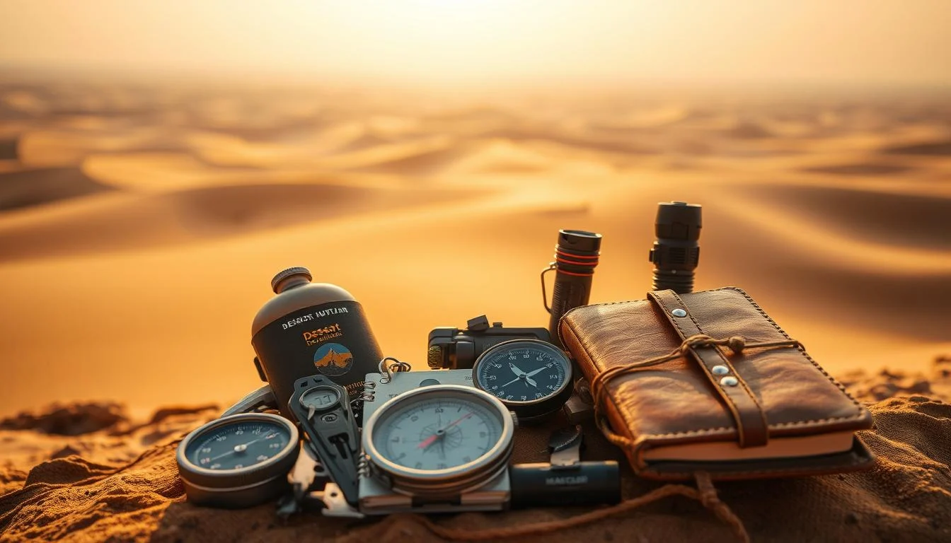 Tourists wearing light clothing and hats, preparing for a desert safari adventure with a dune buggy in the background at sunset