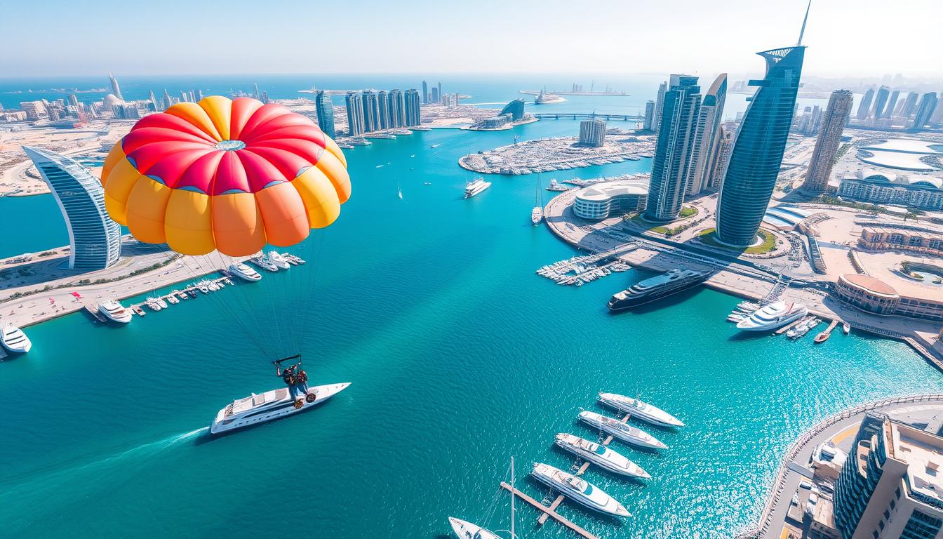 Tourists parasailing high above Dubai Marina with the city skyline and Palm Jumeirah visible in the background
