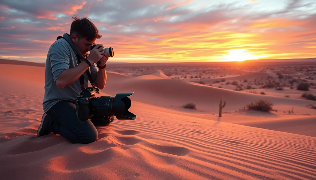 Photographer capturing the vast expanse of Dubai's red desert dunes at sunset, with long shadows highlighting the texture of the sand