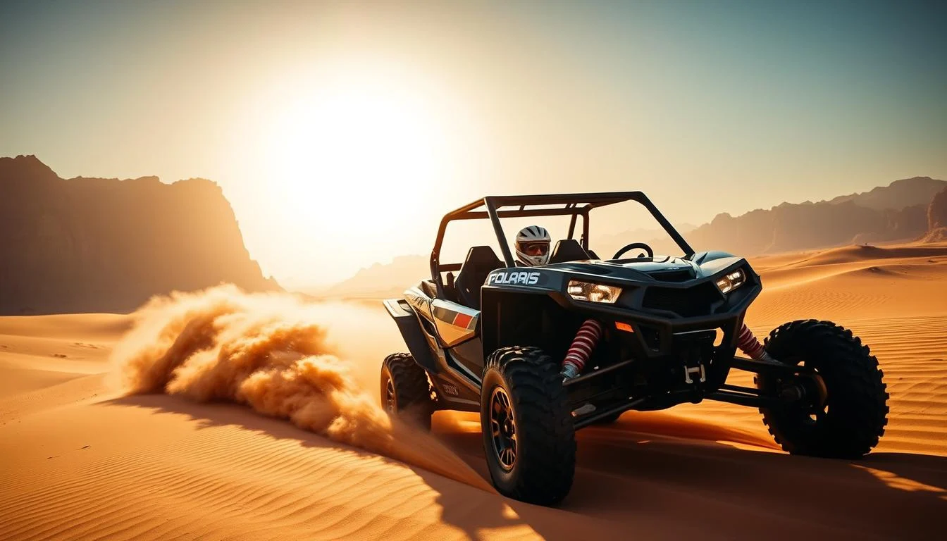 Polaris RZR desert buggy kicking up sand as it races over a large red dune in Dubai at sunset