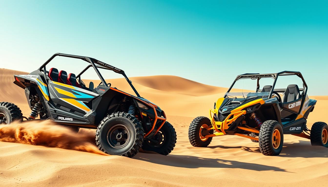 Two high-performance dune buggies, a Polaris and a Can-Am, racing across the soft, golden sand dunes of Sharjah at sunset, kicking up sand