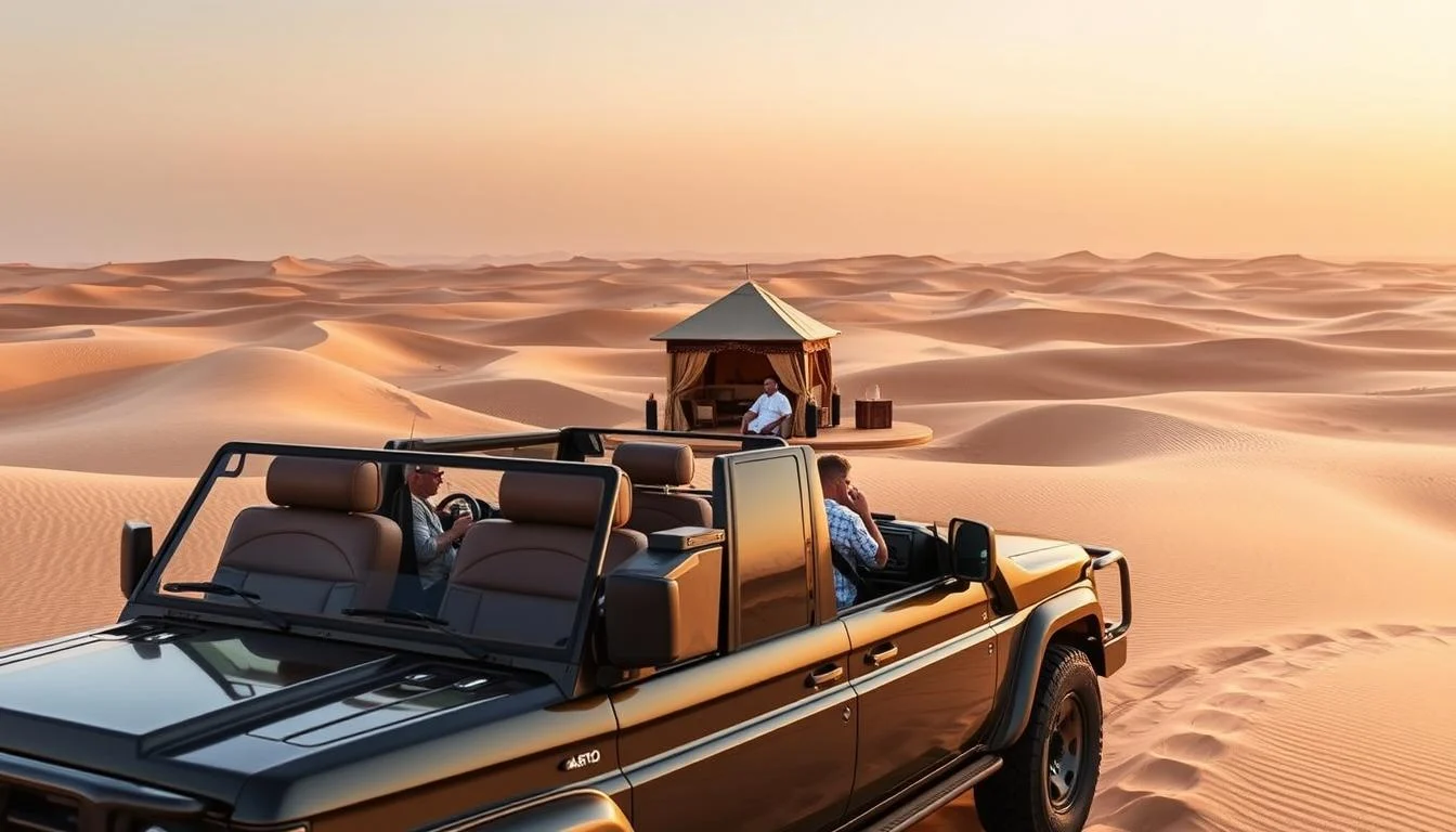 Luxury 4x4 vehicle driving through the golden sand dunes of Abu Dhabi desert at sunset, with a private group enjoying the view