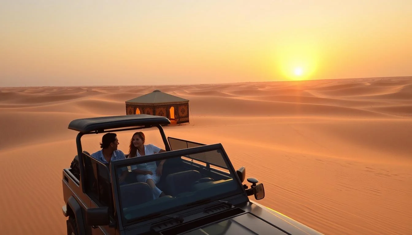 Luxury 4x4 vehicle driving tourists across red sand dunes at sunset during a private desert safari in Dubai