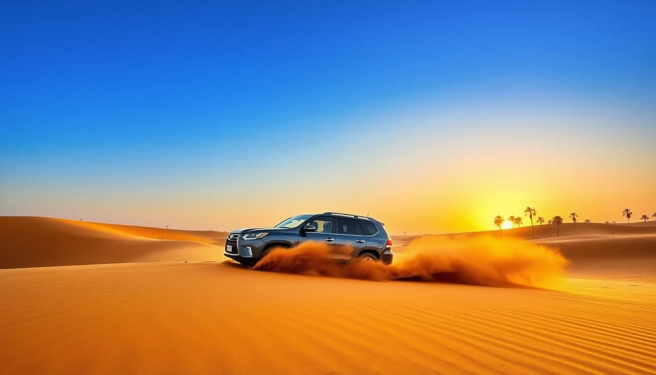 Luxury 4x4 vehicle kicking up sand during a private dune bashing experience in the vast Arabian Desert of Dubai at sunset