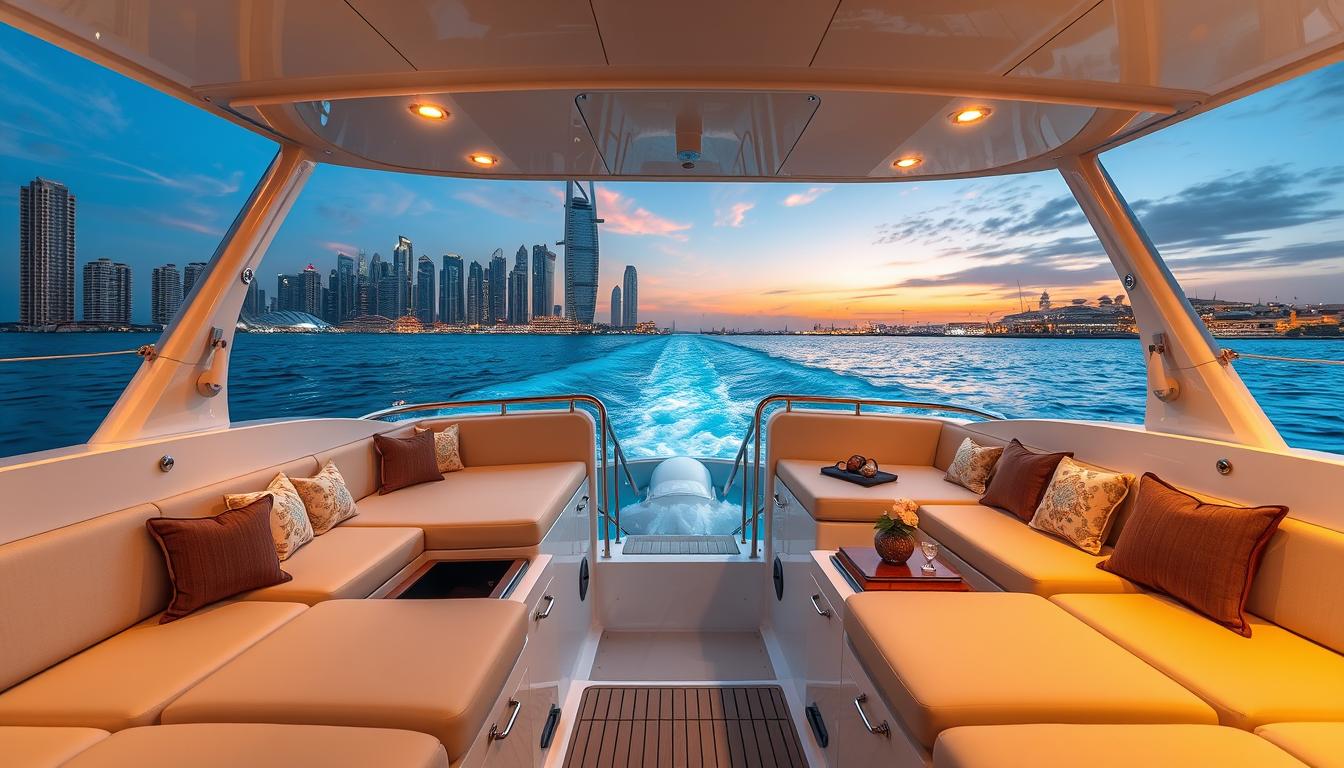 A luxurious private yacht sailing on the Arabian Gulf with Dubai's iconic skyline in the background at sunset