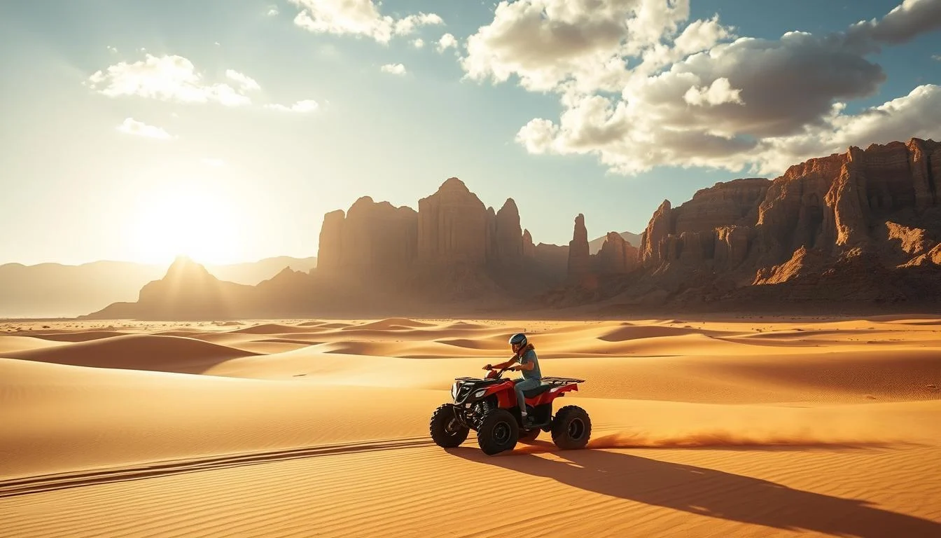 Tourists riding quad bikes across the vast Arabian Desert with towering red dunes under a clear blue sky in Dubai, UAE