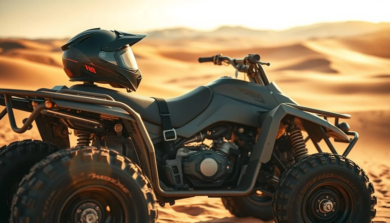 Tourists wearing protective gear and long-sleeved shirts while riding quad bikes across Dubai's desert dunes