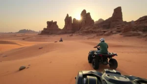 Tourists riding quad bikes across the golden Eastern Desert of Jordan at sunset, with vast sand dunes and mountains in the background