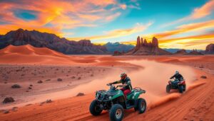 Tourists riding quad bikes across the vast, rugged terrain of the Atacama Desert at sunset, with mountains in the background