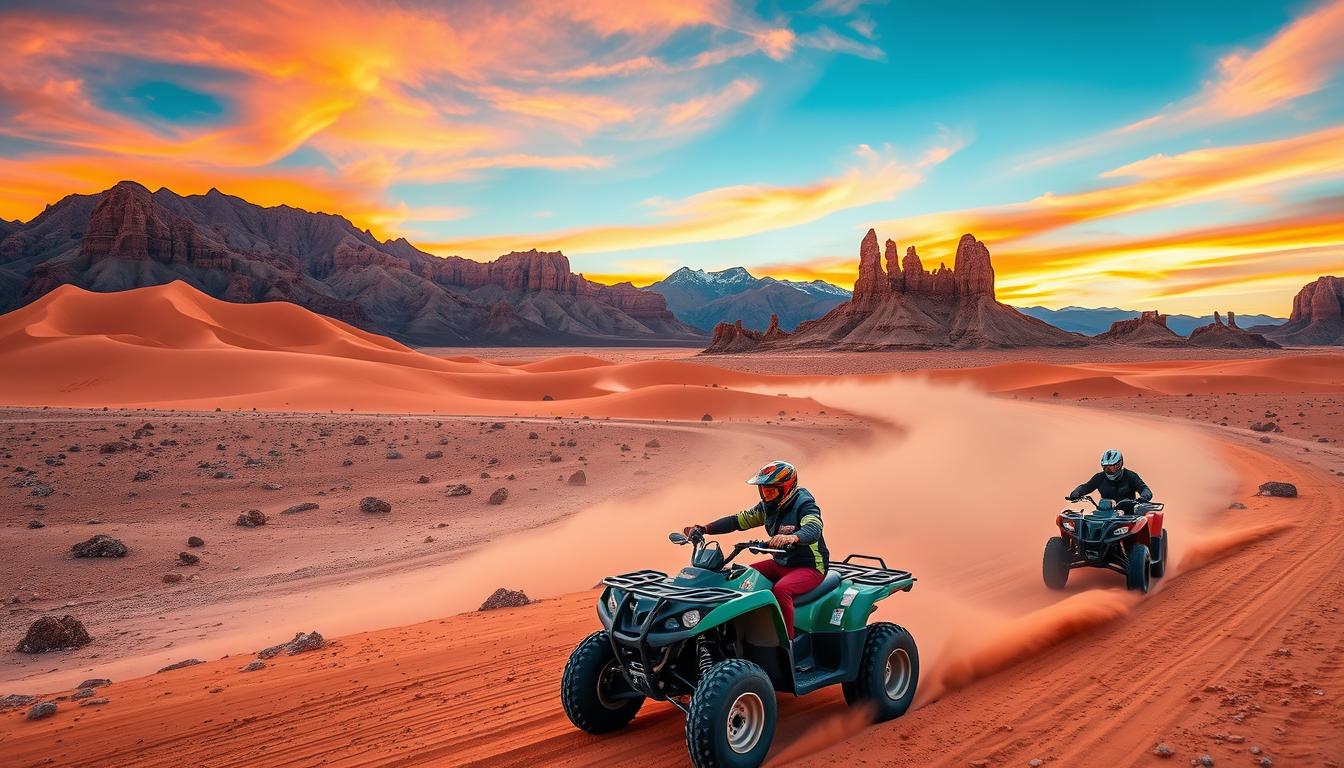 Tourists riding quad bikes across the vast, rugged terrain of the Atacama Desert at sunset, with mountains in the background
