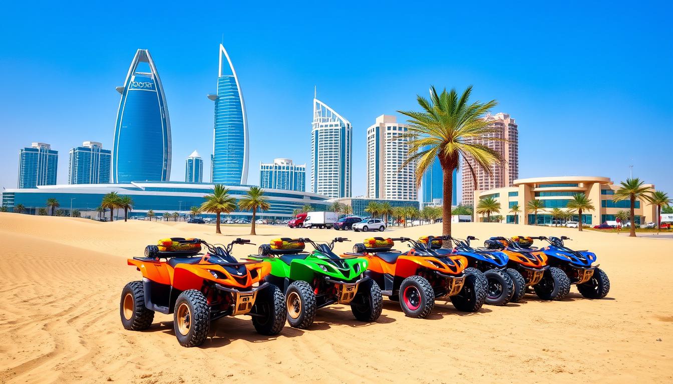 Tourists riding Yamaha Raptor 700cc quad bikes across red Dubai desert dunes at sunset, with a guide leading the convoy