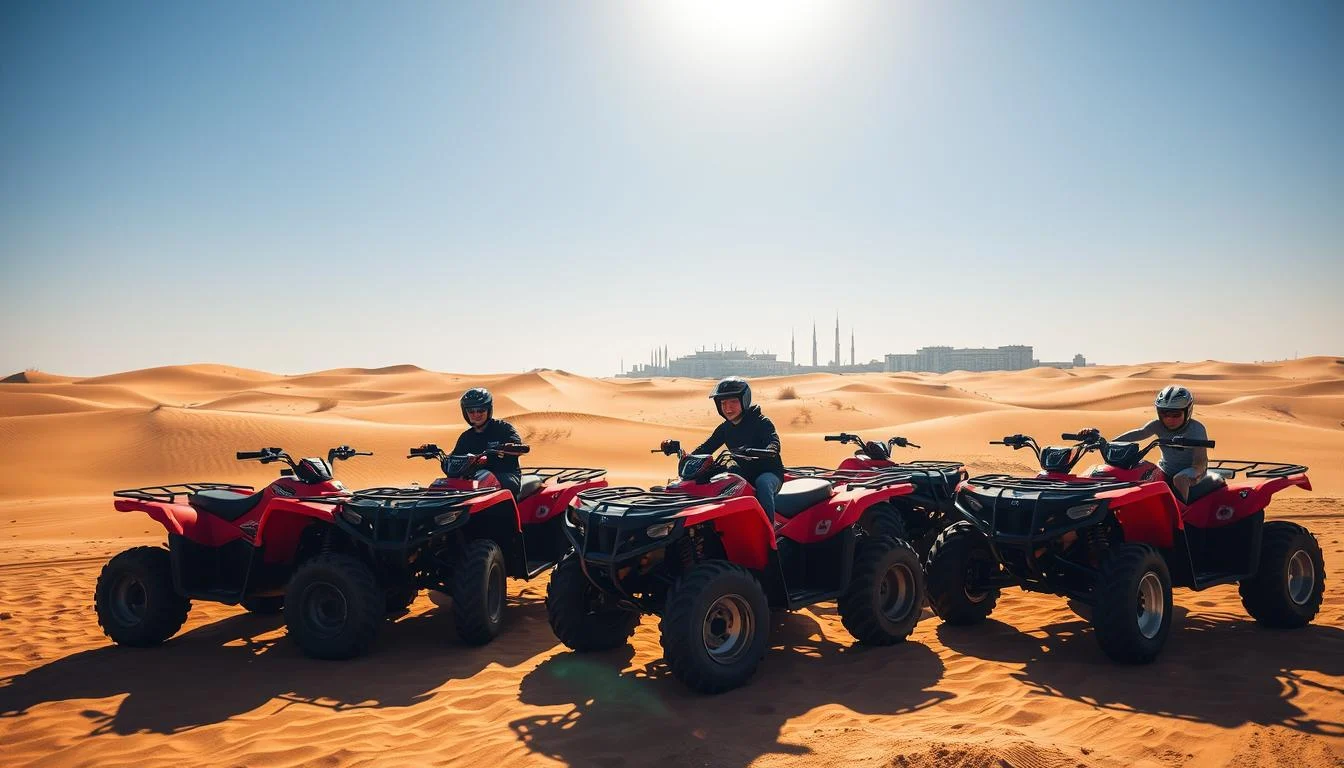 Tourists on quad bikes riding across golden sand dunes in the Arabian desert near Dubai at sunset