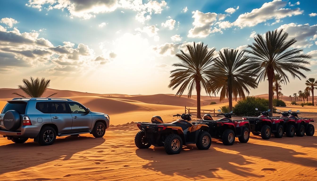 Tourists enjoying a quad biking tour with convenient pickup service near The Greens community in Dubai, UAE
