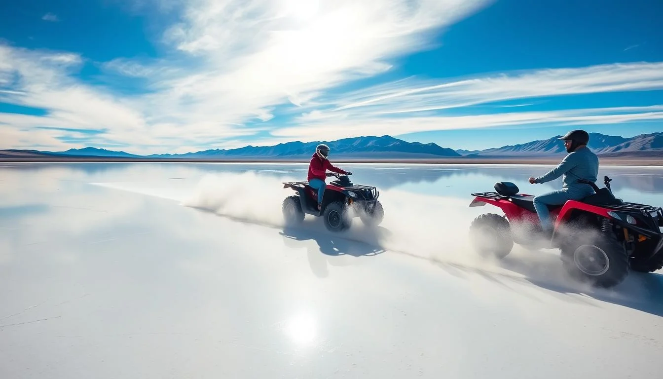Quad bikers racing across the vast white Uyuni Salt Flats under a clear blue sky in Bolivia, surrounded by stunning natural beauty