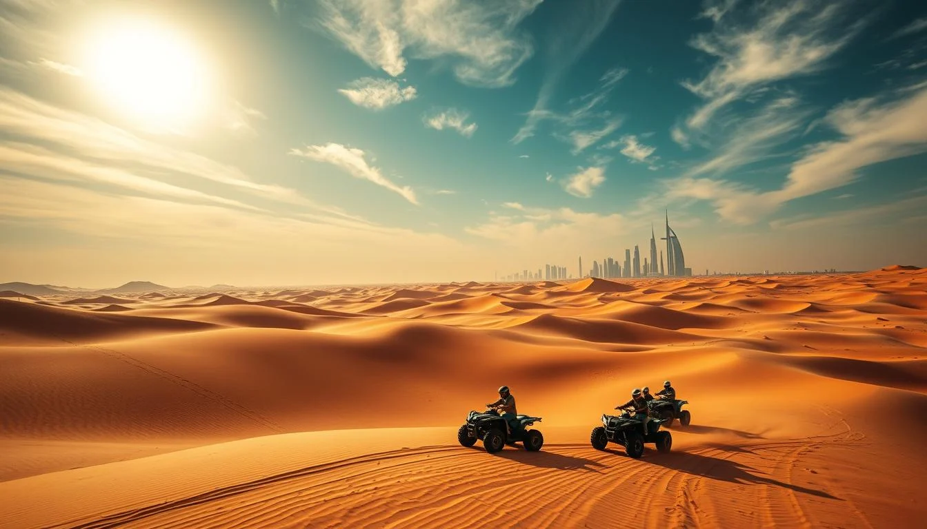 Tourists riding quad bikes across the golden sand dunes of the Arabian Desert in Dubai at sunset