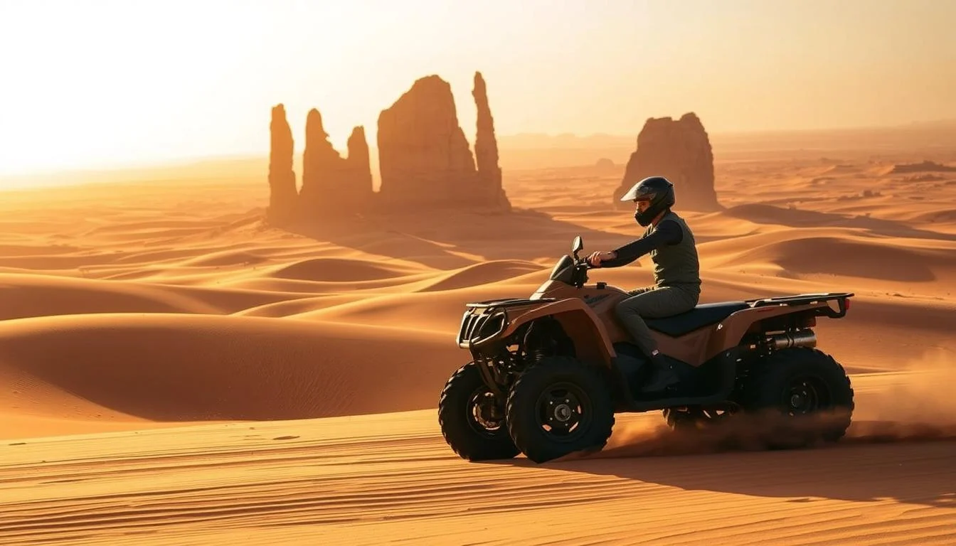 Tourists riding quad bikes across golden sand dunes in Dubai's desert at sunset, with a clear sky overhead