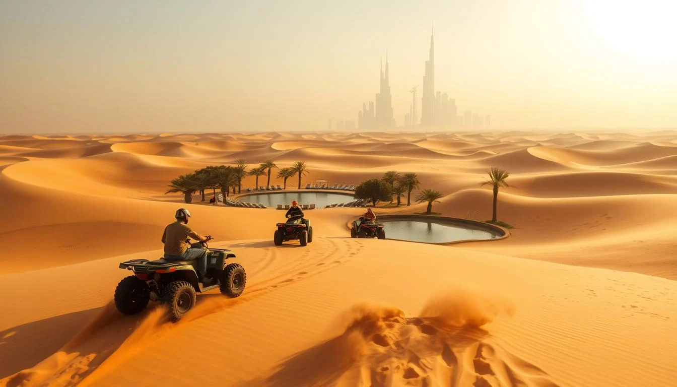 Tourists riding quad bikes across golden sand dunes in the Arabian desert under the bright Dubai sun at sunset, with a guide leading the way