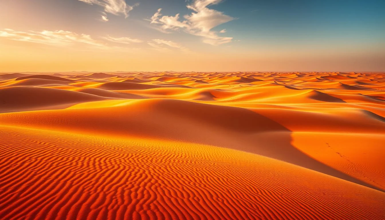 Red and golden sand dunes in Sharjah desert at sunrise, showing the distinct color differences for adventure seekers