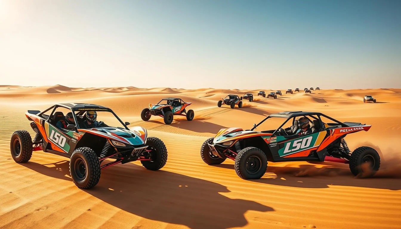 Two desert buggies kicking up sand as they race across the vast, undulating red dunes of the Sharjah desert under a bright blue sky.