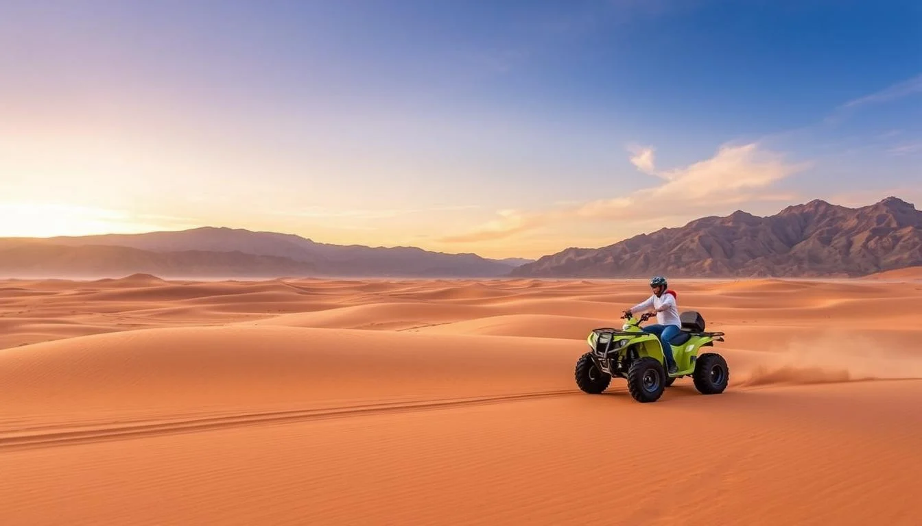 Quad bikers riding through the vast Gobi Desert at sunset, kicking up sand with vibrant orange and purple skies