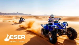 Family riding quad bikes across the vast, sandy Mutla Ridge Desert in Kuwait, with warm glow of sunset