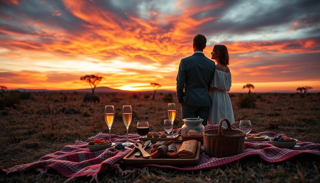 Couple holding hands watching the sunset over the red dunes of the Dubai desert during a romantic safari