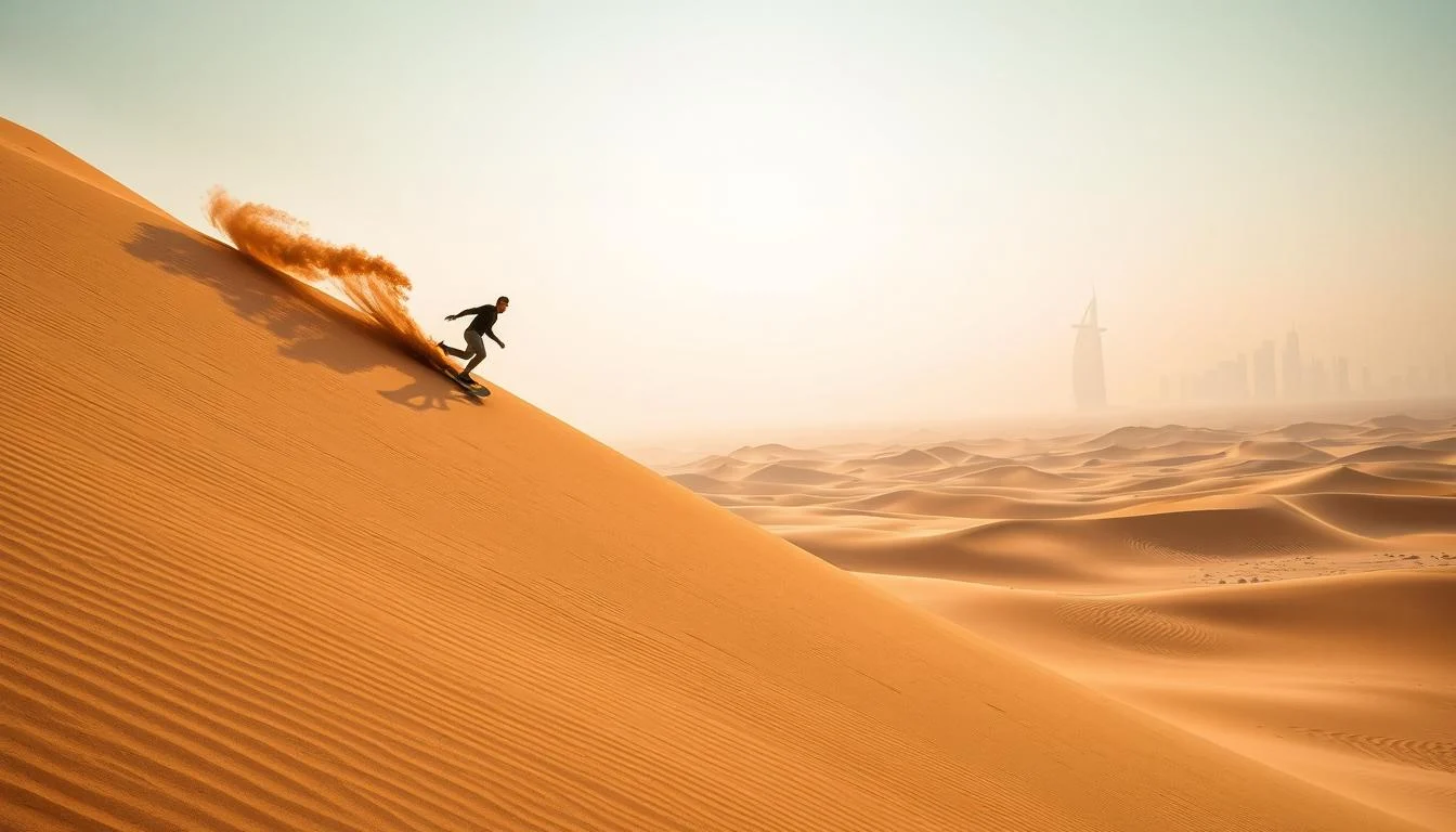 Tourists sandboarding down a large golden dune in the Dubai desert under a bright blue sky, with a sandboarder in mid-action