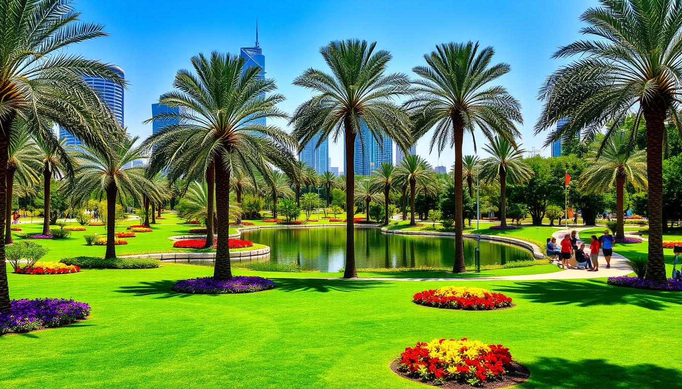 Tourists relaxing in a lush green park in Dubai with modern city buildings in the background at sunset