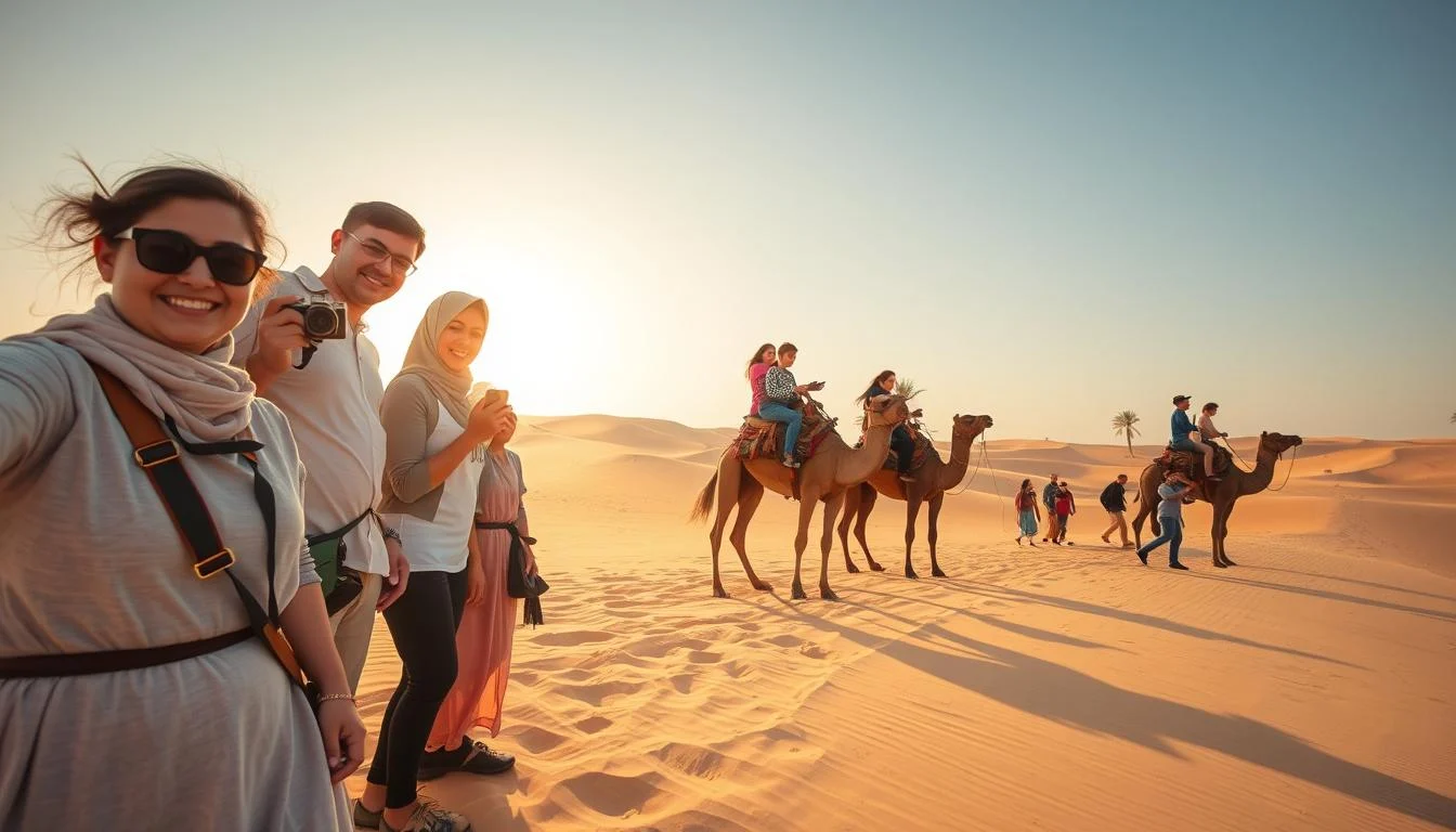 Students and instructors exploring the vast, protected dunes of Sharjah desert during an outdoor education program at sunset