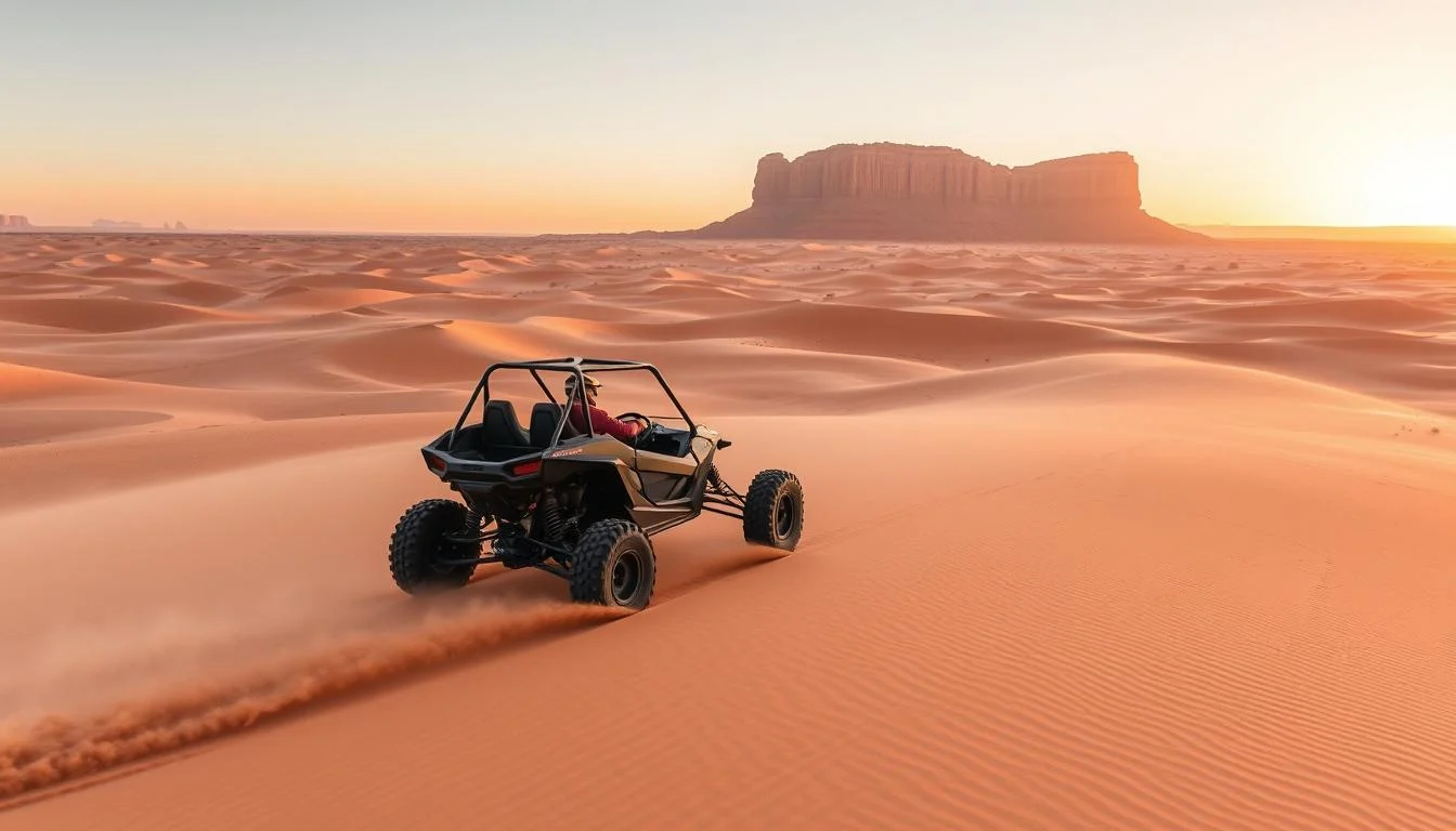 Tourists driving powerful self-drive dune buggies across the vast golden sand dunes of Dubai's desert at high speed